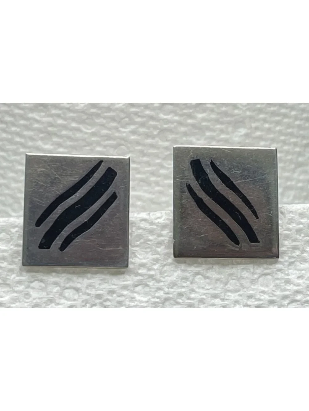Signed Vintage Taxco Mexican Sterling Silver Square Minimalist Enamel Cufflinks